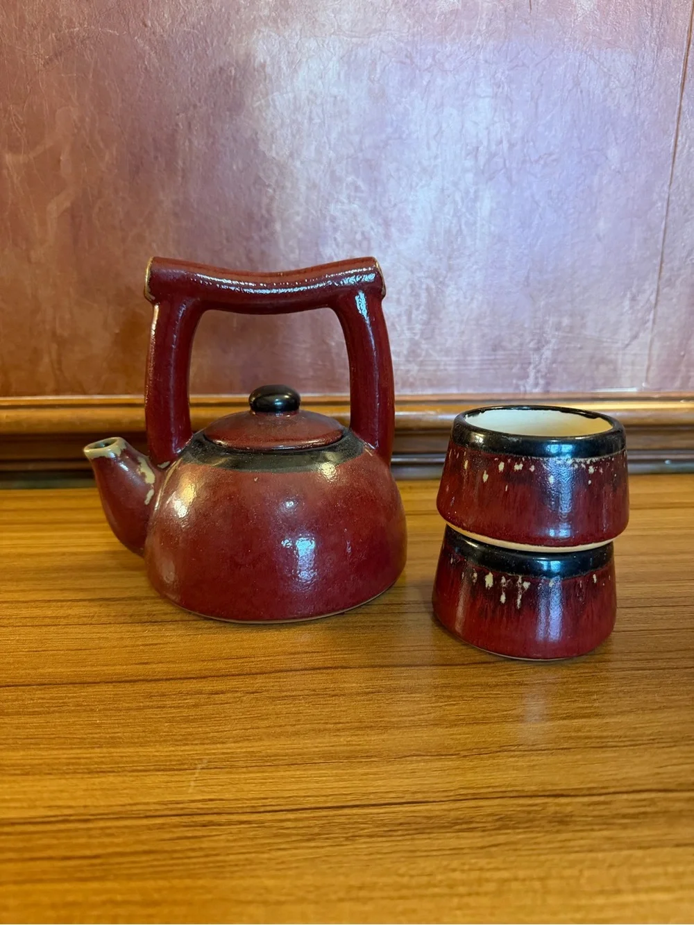 VTG Pier 1 Imports Shanghai Tea Set Teapot 2 Cups Red Earthenware Asian Style
